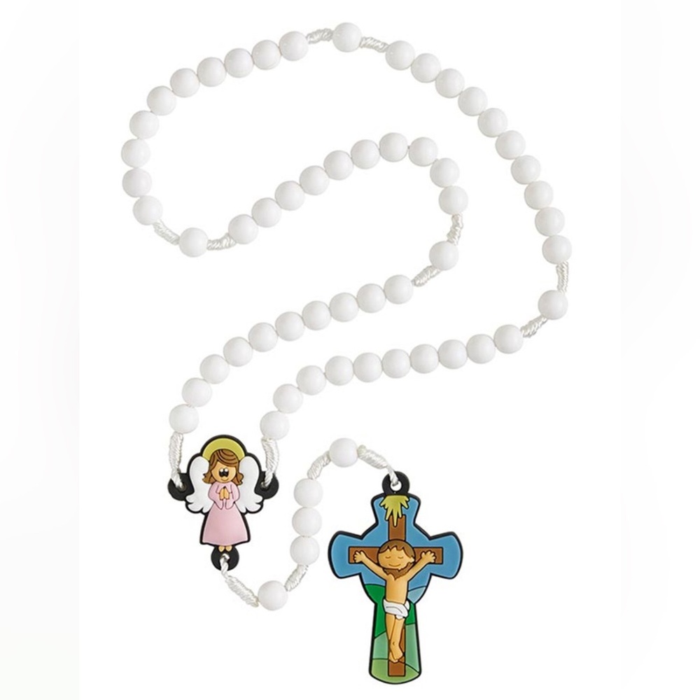 Tiny Devotions White Beaded cord Rosary with Girl Angel praying Catholic girls